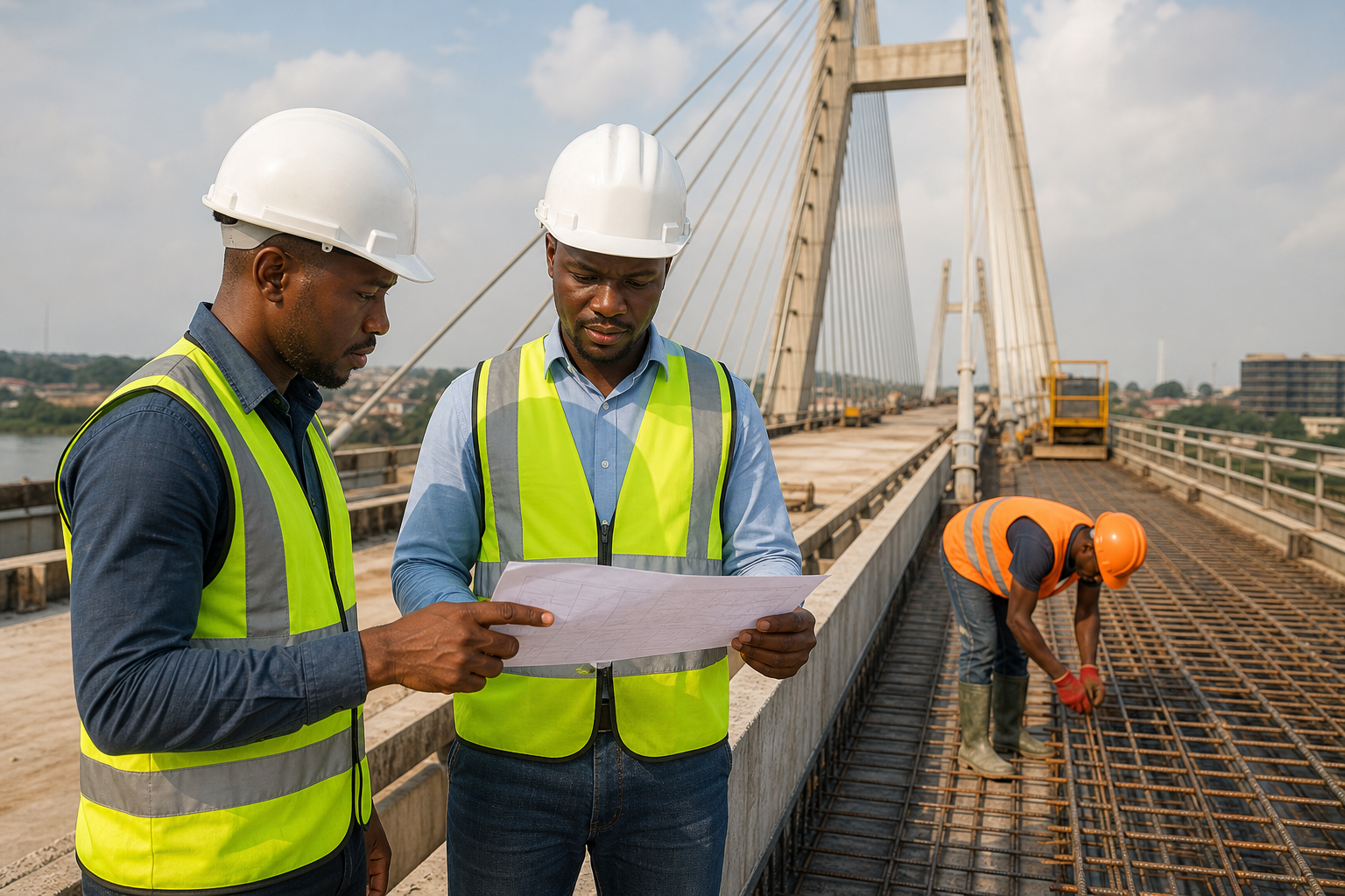 Black Nigerian engineers reviewing bridge deck reinforcement requirements on an active bridge project