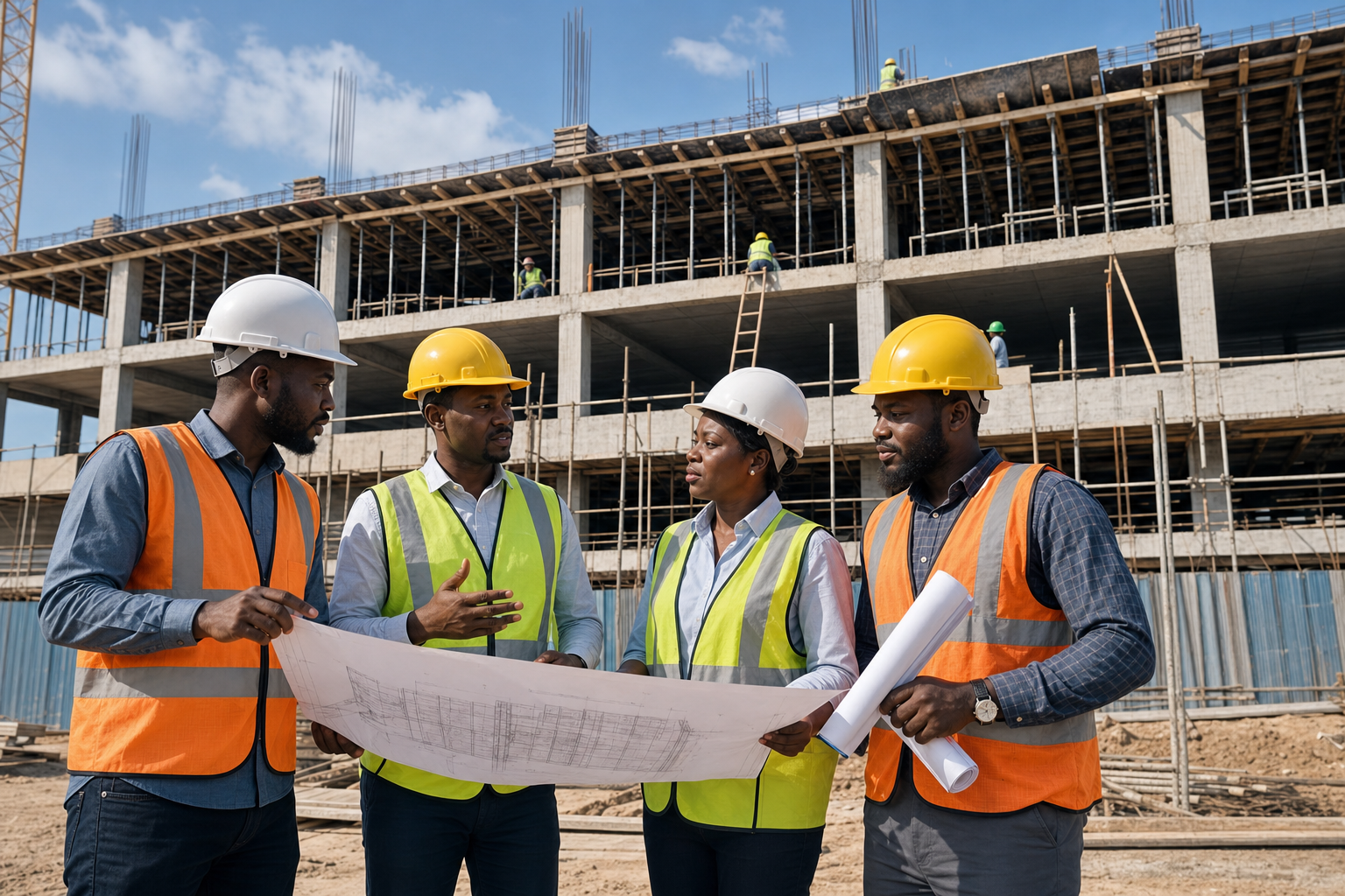 Black Nigerian construction professionals discussing reinforcement needs on a building project