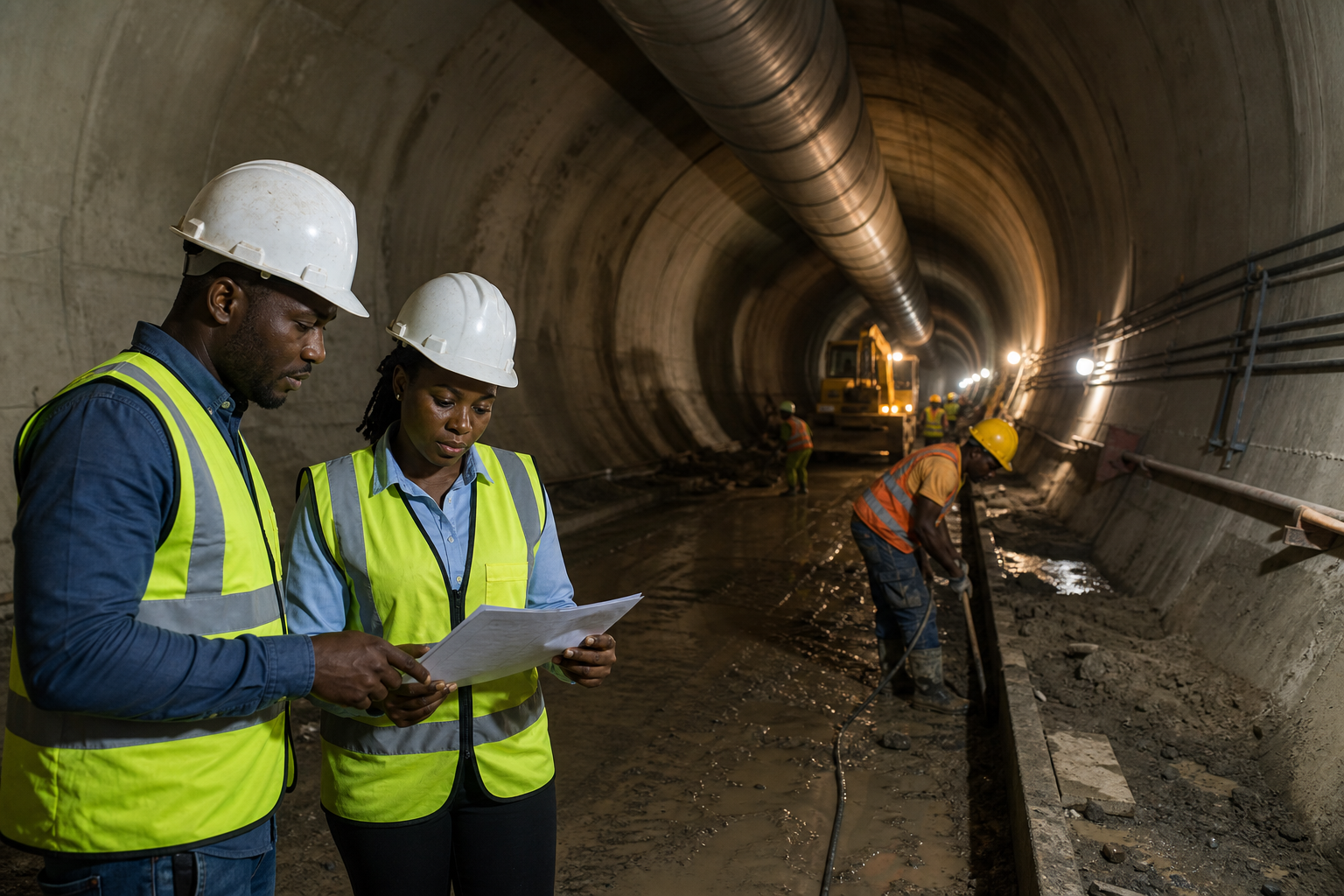 Black Nigerian engineers and workers coordinating reinforcement needs inside a tunnel build